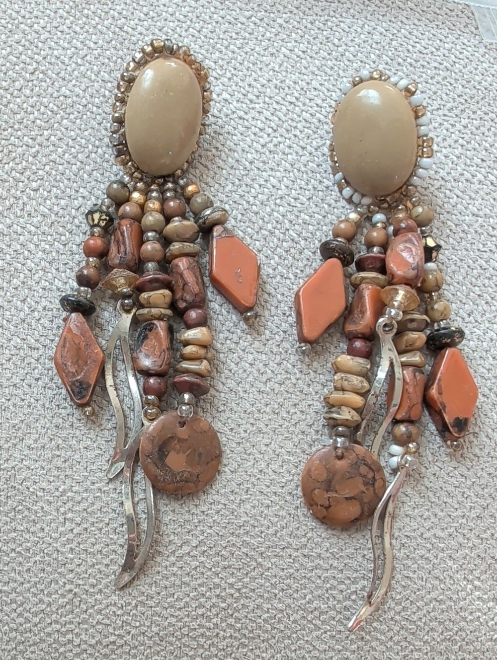 Handcrafted Unsigned Chipita 80s Beige and Terracotta Dangle Earrings